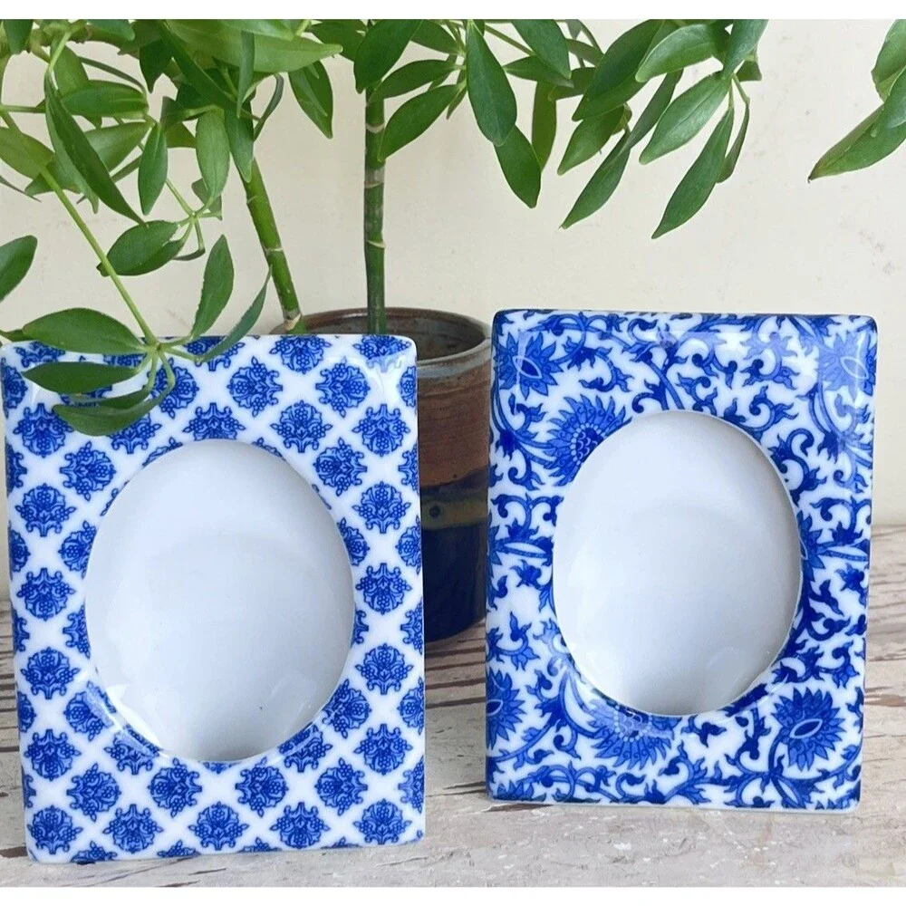 Vintage Pier 1 Imports Blue & White Chinoiserie Photo Frames Set 5” Home Decor